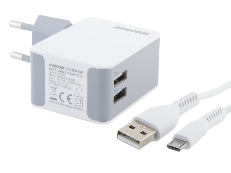 AVACOM HomeNOW síťová nabíječka 3,4A se dvěma výstupy, bílá barva (micro USB kabel) - obrázek produktu