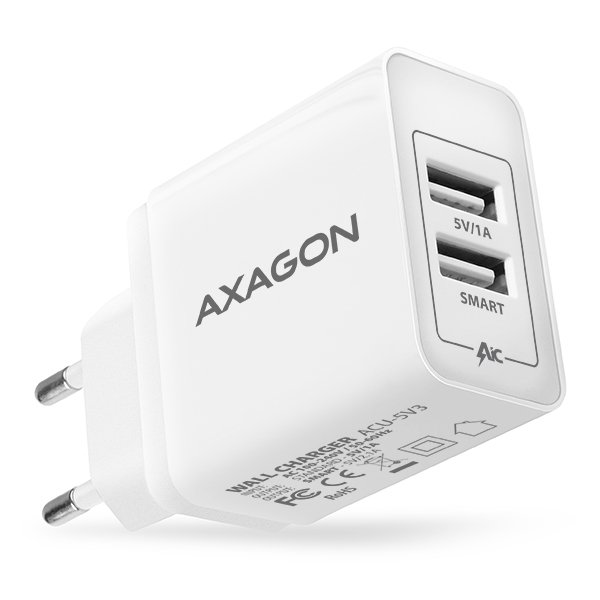 AXAGON ACU-5V3, SMART nabíječka do sítě, 2x port 5V-2.1A + 1A, 15.5W - obrázek č. 1