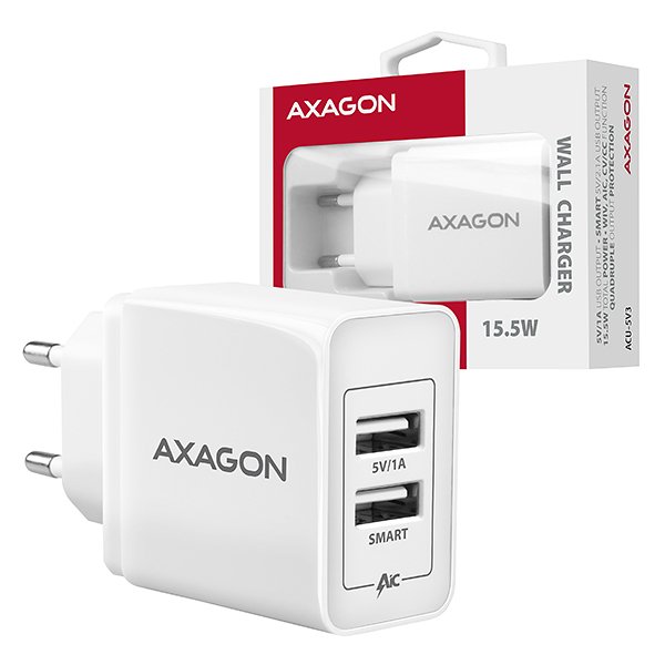 AXAGON ACU-5V3, SMART nabíječka do sítě, 2x port 5V-2.1A + 1A, 15.5W - obrázek produktu