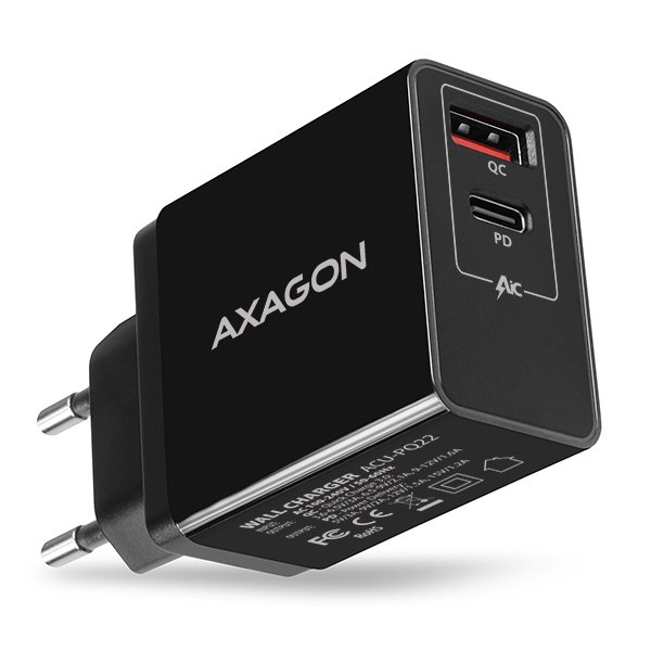 AXAGON ACU-PQ22, PD & QC nabíječka do sítě 22W, 2x port (USB-A + USB-C), PD3.0/ QC3.0/ AFC/ FCP/ Apple, - obrázek č. 1
