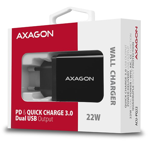 AXAGON ACU-PQ22, PD & QC nabíječka do sítě 22W, 2x port (USB-A + USB-C), PD3.0/ QC3.0/ AFC/ FCP/ Apple, - obrázek č. 9