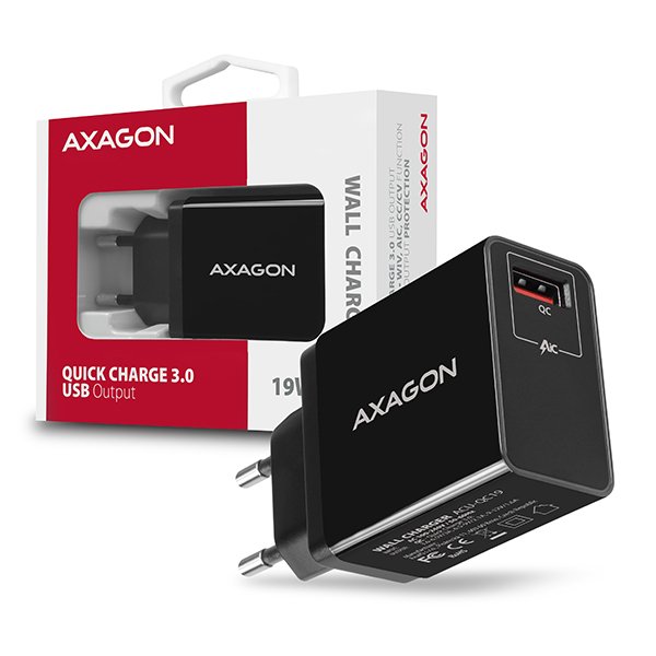 AXAGON ACU-QC19, QC nabíječka do sítě 19W, 1x USB-A port, QC3.0/ AFC/ FCP/ SMART, černá - obrázek produktu