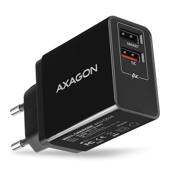 AXAGON ACU-QS24, QC & SMART nabíječka do sítě 24W, 2x USB-A port, QC3.0/ AFC/ FCP + 5V/ 1.2A - obrázek produktu