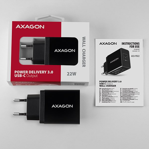 AXAGON ACU-PD22, PD nabíječka do sítě 22W, 1x USB-C port, PD3.0/ QC3.0/ AFC/ FCP/ Apple - obrázek č. 7