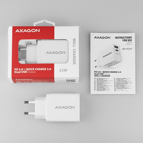 AXAGON ACU-PQ22W, PD & QC nabíječka do sítě 22W, 2x port (USB-A + USB-C), PD3.0/ QC3.0/ AFC/ FCP/ Apple, - obrázek č. 8
