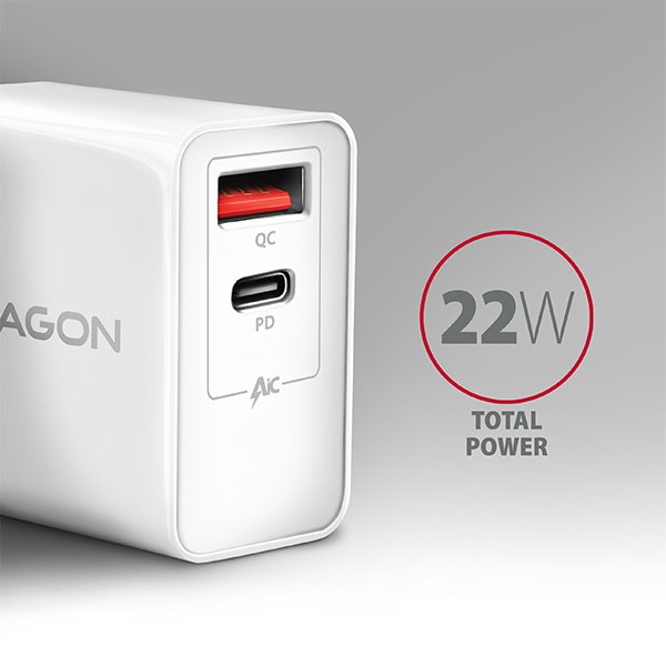 AXAGON ACU-PQ22W, PD & QC nabíječka do sítě 22W, 2x port (USB-A + USB-C), PD3.0/ QC3.0/ AFC/ FCP/ Apple, - obrázek č. 1