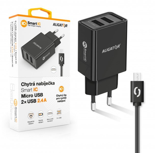 ALIGATOR Chytrá síťová nabíječka 2,4A, 2xUSB, smart IC, černá, micro USB kabel - obrázek produktu