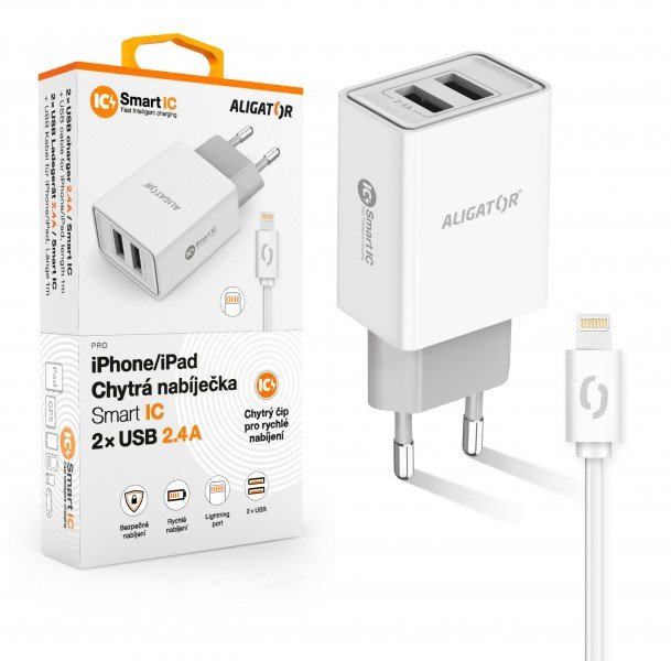 ALIGATOR Chytrá síťová nabíječka 2,4A, 2xUSB, smart IC, bílá, USB kabel pro iPhone/ iPad - obrázek produktu