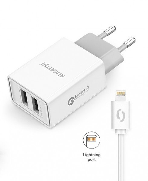 ALIGATOR Chytrá síťová nabíječka 2,4A, 2xUSB, smart IC, bílá, USB kabel pro iPhone/ iPad - obrázek č. 1