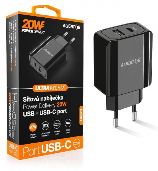 Aligator POWER DELIVERY 20W, USB + USB-C, černá - obrázek produktu