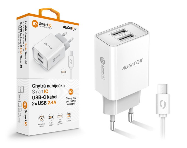 Chytrá síťová nabíječka ALIGATOR 2,4A, 2xUSB, smart IC, bílá, USB-C kabel - obrázek produktu