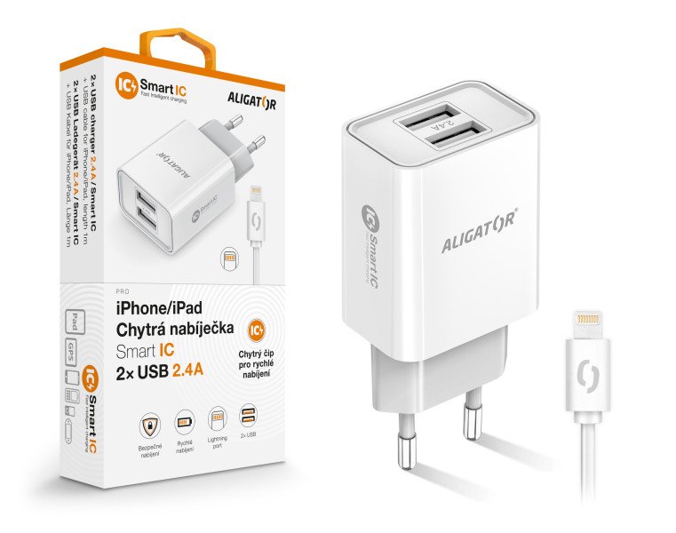 Chytrá síťová nabíječka ALIGATOR 2,4A, 2xUSB, smart IC, bílá, USB kabel pro iPhone/ iPad - obrázek produktu