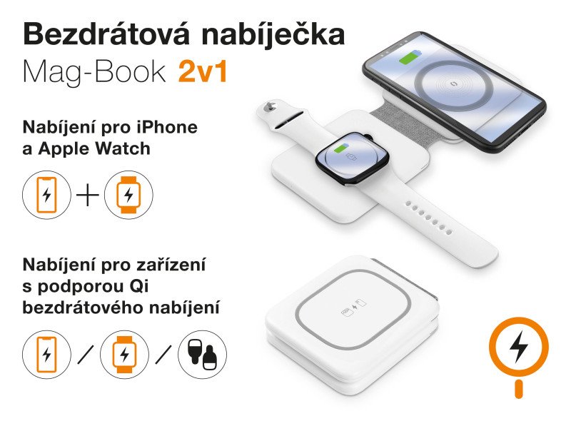 Bezdrátová nabíječka ALIGATOR Mag-Book 2v1, určeno pro MagSafe a nabíjení Apple Watch, 15W, bílá - obrázek č. 2