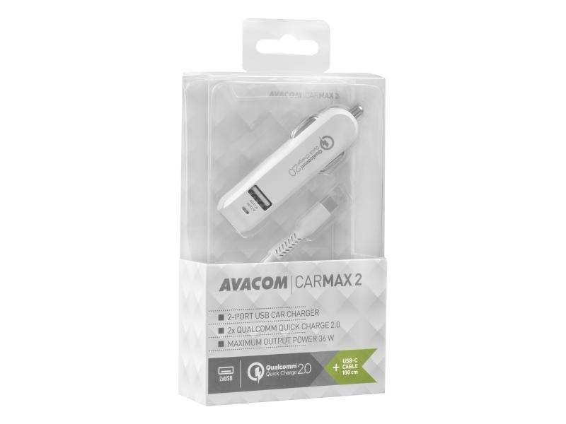 AVACOM CarMAX 2 nabíječka do auta 2x Qualcomm Quick Charge 2.0, bílá barva (USB-C kabel) - obrázek č. 1