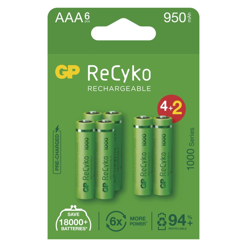 GP nabíjecí baterie ReCyko 1000 AAA (HR03) 4+2PP - obrázek produktu