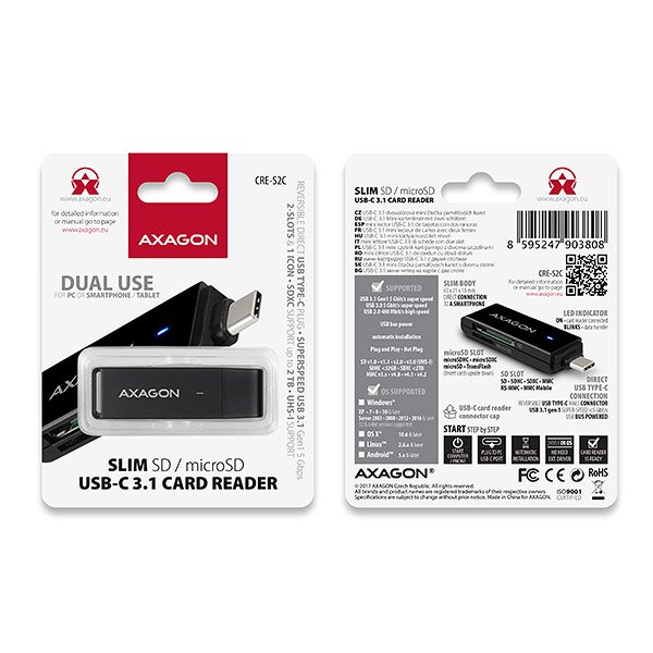 AXAGON CRE-S2C, USB 3.1 Type-C - externí SLIM čtečka 2-slot SD/ microSD, podpora UHS-I - obrázek č. 2