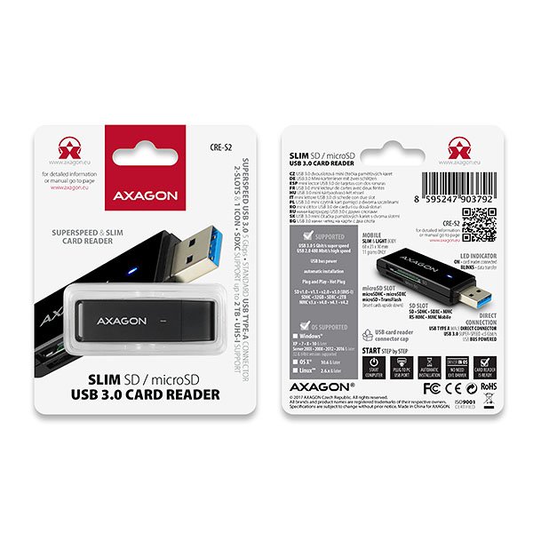 AXAGON CRE-S2, USB 3.0 Type-A - externí SLIM čtečka 2-slot SD/ microSD, podpora UHS-I - obrázek č. 2