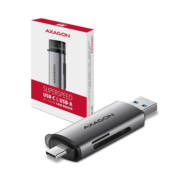 AXAGON CRE-SAC, USB3.2 Gen 1 Type-C + Type-A externí čtečka karet SD/ microSD, podpora UHS-I - obrázek produktu