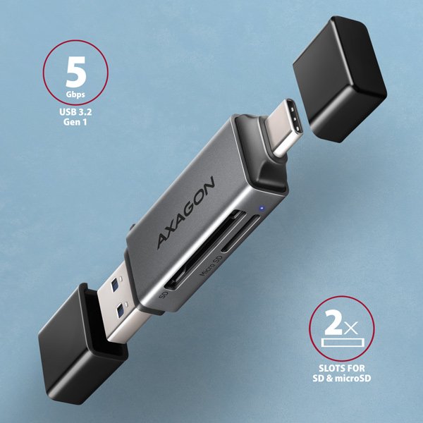 AXAGON CRE-DAC, USB-C + USB-A, 5 Gbps - MINI čtečka karet, 2-slot & lun SD/ microSD, podpora UHS-I - obrázek č. 1