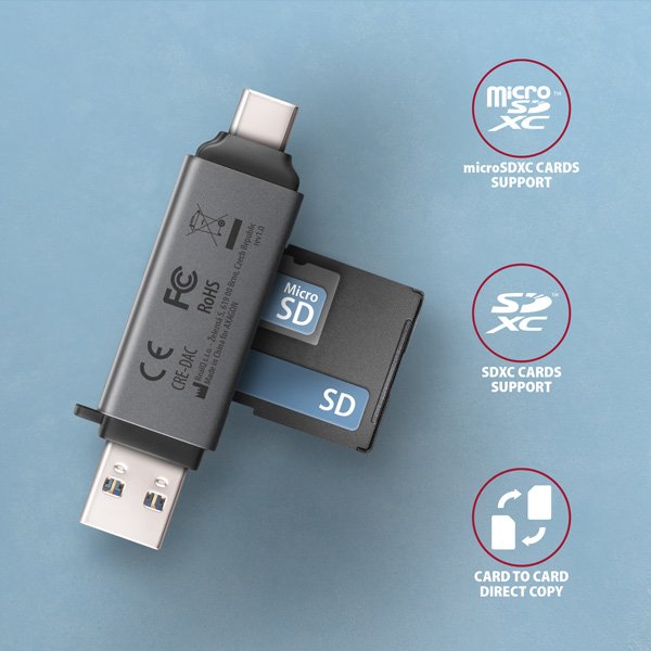 AXAGON CRE-DAC, USB-C + USB-A, 5 Gbps - MINI čtečka karet, 2-slot & lun SD/ microSD, podpora UHS-I - obrázek č. 2