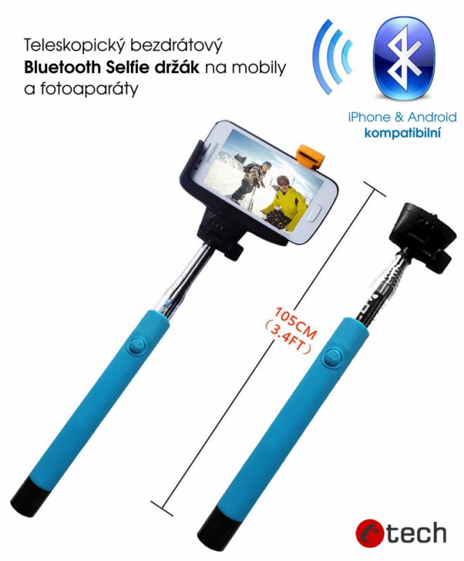 C-TECH Teleskopický selfie držák BT spoušť, modrá - obrázek produktu