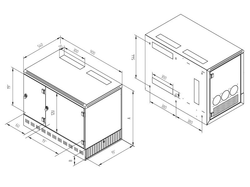 19` rozv.nást.12U/ 900x540mm+2U,server vpravo,černý - obrázek produktu