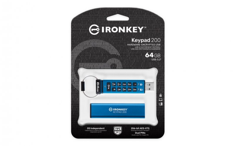 Kingston IronKey Keypad 200/ 64GB/ USB 3.2/ USB-A/ Modrá - obrázek č. 3