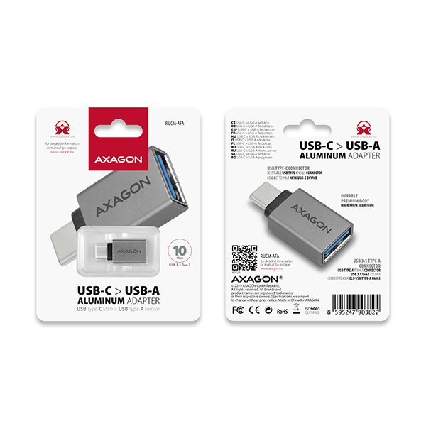 AXAGON RUCM-AFA, redukce USB-C (M) -> USB-A (F), USB 3.2 Gen 2, 3A, ALU - obrázek č. 6