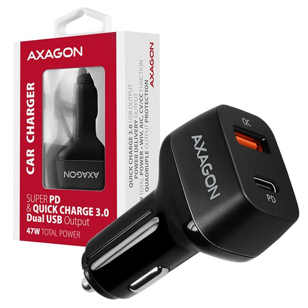 AXAGON PWC-PDQ, PD & QUICK nabíječka do auta 47W, 2x port (USB + USB-C), PD2.0/ QC3.0/ AFC/ FCP/ Apple - obrázek produktu