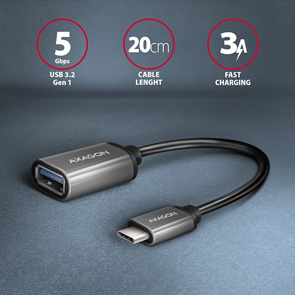 AXAGON RUCM-AFAC, kabelová redukce USB-C (M) <-> USB-A (F), 20cm, USB 3.2 Gen 1, 3A, ALU - obrázek č. 1