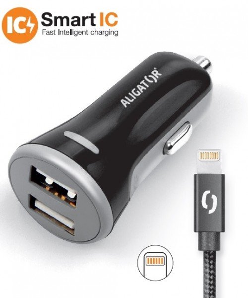 ALIGATOR 3.4A, 2xUSB, smart IC, černá, USB kabel pro iPhone/ iPad - obrázek č. 1
