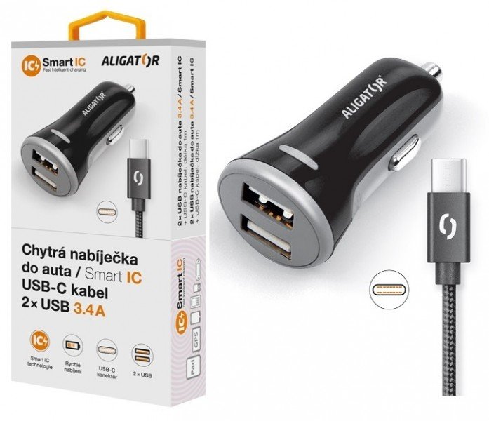 ALIGATOR Chytrá nabíječka do auta 3.4A, 2xUSB, smart IC, černá, USB-C kabel - obrázek produktu