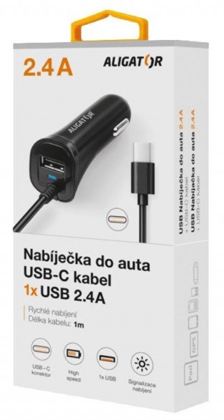 Aligator nab. do auta USB-C s USB 2,4A černá - obrázek č. 1