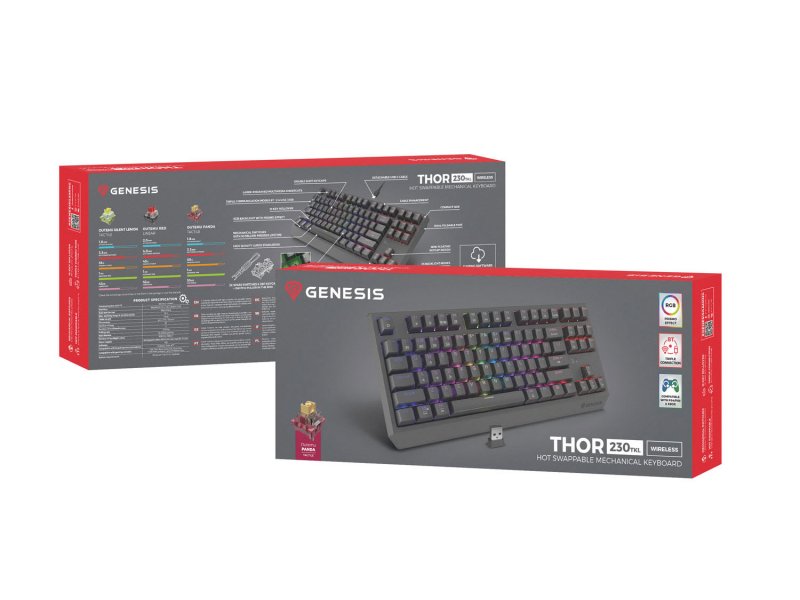 GENESIS herní klávesnice THOR 230/ TKL/ RGB/ Outemu Panda/ Bezdrátová USB + Bluetooth/ US layout/ Černá - obrázek č. 4