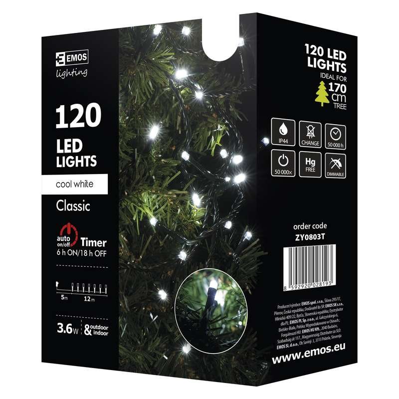 Vánoční řetěz 120 LED, 12m, studená bílá + časovač - obrázek produktu
