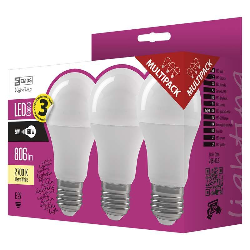 EMOS LED ŽÁROVKA CLASSIC A60 9W E27 teplá bílá 3ks - obrázek produktu