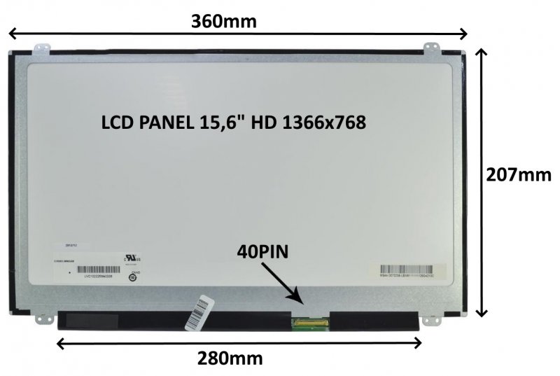 LCD PANEL 15,6" HD 1366x768 40PIN MATNÝ /  ÚCHYTY NAHOŘE A DOLE - obrázek produktu
