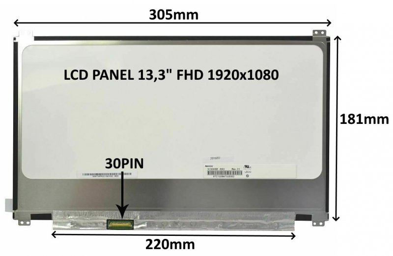 LCD PANEL 13,3" FHD 1920x1080 30PIN MATNÝ IPS /  ÚCHYTY NAHOŘE A DOLE - obrázek produktu