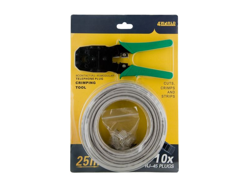 4World Patch kabel 25m Gray + kleště + 10ks RJ45 - obrázek produktu