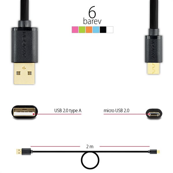 AXAGON HQ Kabel Micro USB, 2A, černý, 2 m - obrázek č. 2