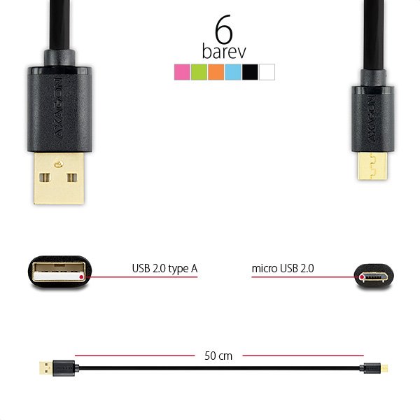 AXAGON HQ Kabel Micro USB, 2A, černý, 0.5 m - obrázek č. 2