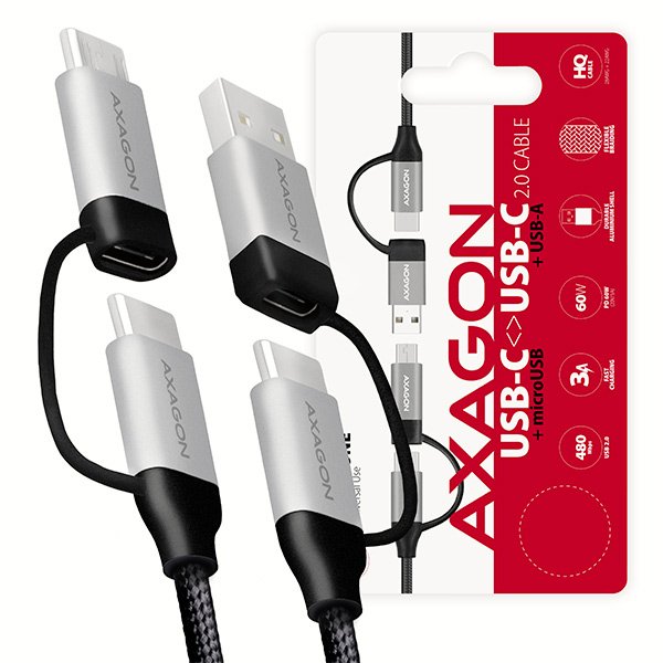 AXAGON BUCMM-CAM10, 4in1 kabel USB-C/ Micro USB <-> USB-C/ USB-A, 1m, 3A, PD 60W - obrázek produktu