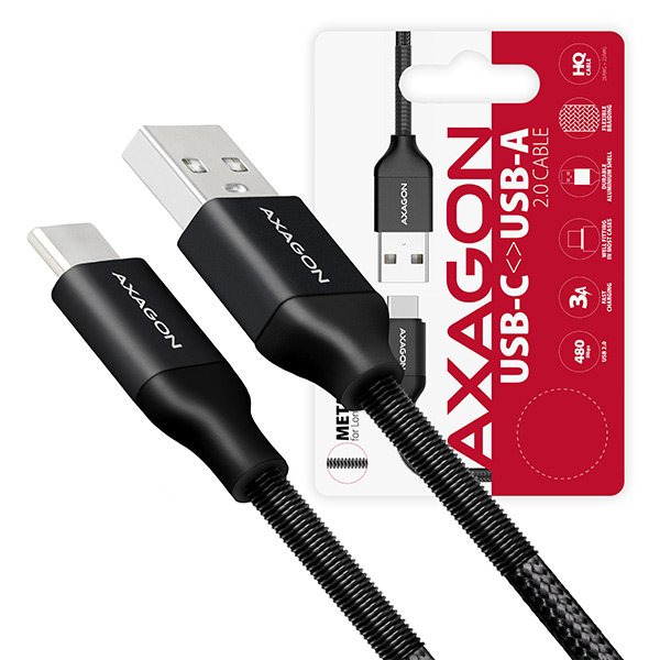 AXAGON BUCM-AM20SB, SPRING kabel USB-C <-> USB-A, 2m, 3A, oplet, černý - obrázek produktu
