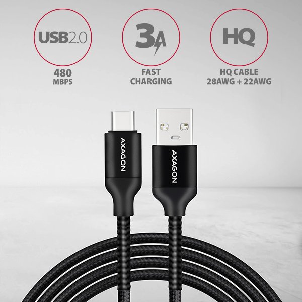AXAGON BUCM-AM10SB, SPRING kabel USB-C <-> USB-A, 1m, 3A, oplet, černý - obrázek č. 2