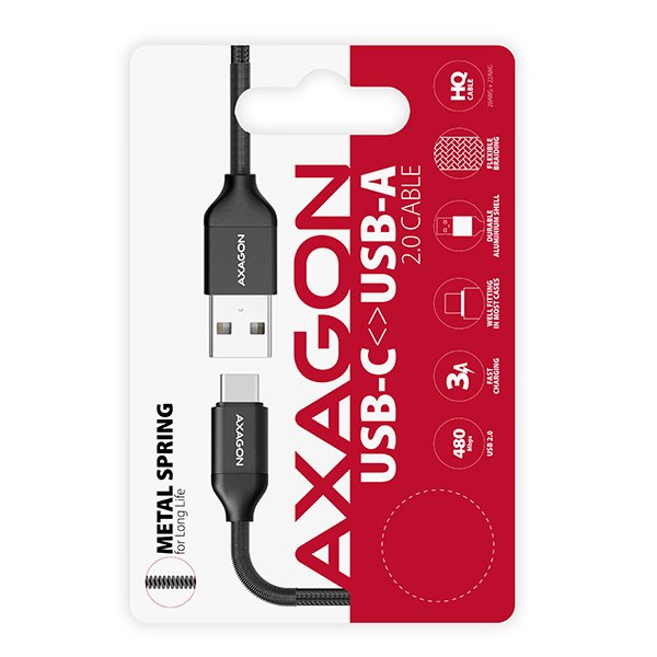 AXAGON BUCM-AM05SB, SPRING kabel USB-C <-> USB-A, 0.5m, 3A, oplet, černý - obrázek č. 6