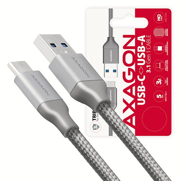 AXAGON BUCM3-AM05G, SPEED kabel USB-C  <-> USB-A 3.2 Gen 1, 0.5m, 3A, oplet, šedý - obrázek produktu