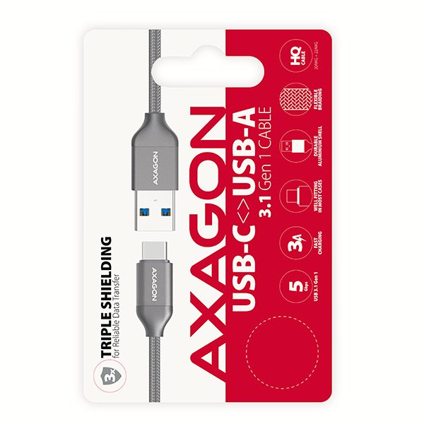AXAGON BUCM3-AM10G, SUPERSPEED kabel USB-C  <-> USB-A 3.2 Gen 1, 1m, 3A, oplet, šedý - obrázek č. 4