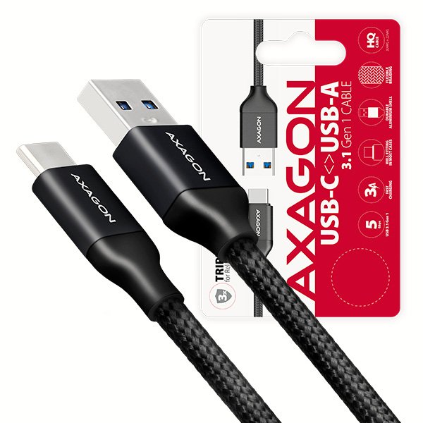 AXAGON BUCM3-AM05B, SUPERSPEED kabel USB-C  <-> USB-A 3.2 Gen 1, 0.5m, 3A, oplet, černý - obrázek produktu