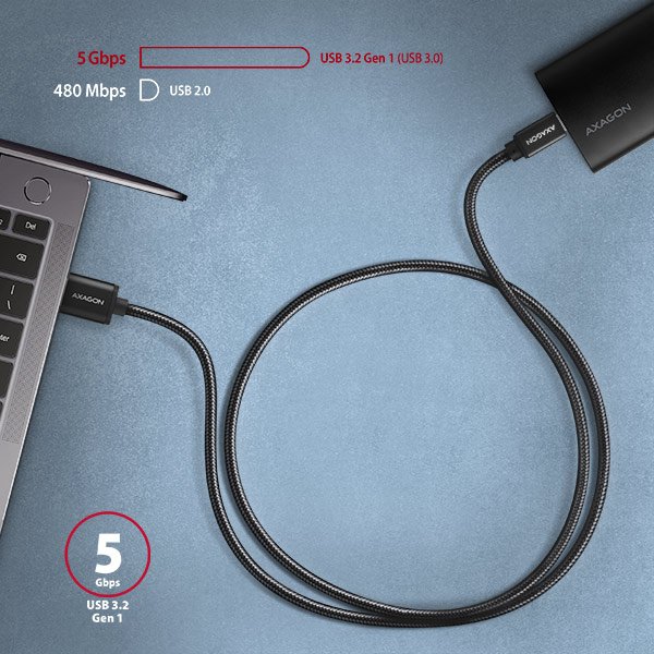 AXAGON BUCM3-AM10AB, SPEED kabel USB-C <-> USB-A, 1m, USB 3.2 Gen 1, 3A, ALU, oplet, černý - obrázek č. 4