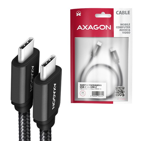 AXAGON BUCM3-CM20AB, SPEED kabel USB-C <-> USB-C, 2m, USB 3.2 Gen 1, PD 60W 3A, ALU, oplet, černý - obrázek č. 6
